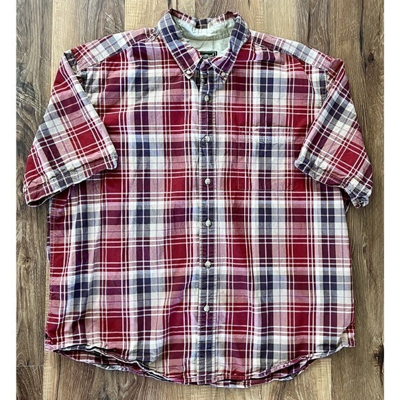 Eddie Bauer Men's Button Down Shirt Size XXL SS Red, Brown plaid EUC - Picture 1 of 8